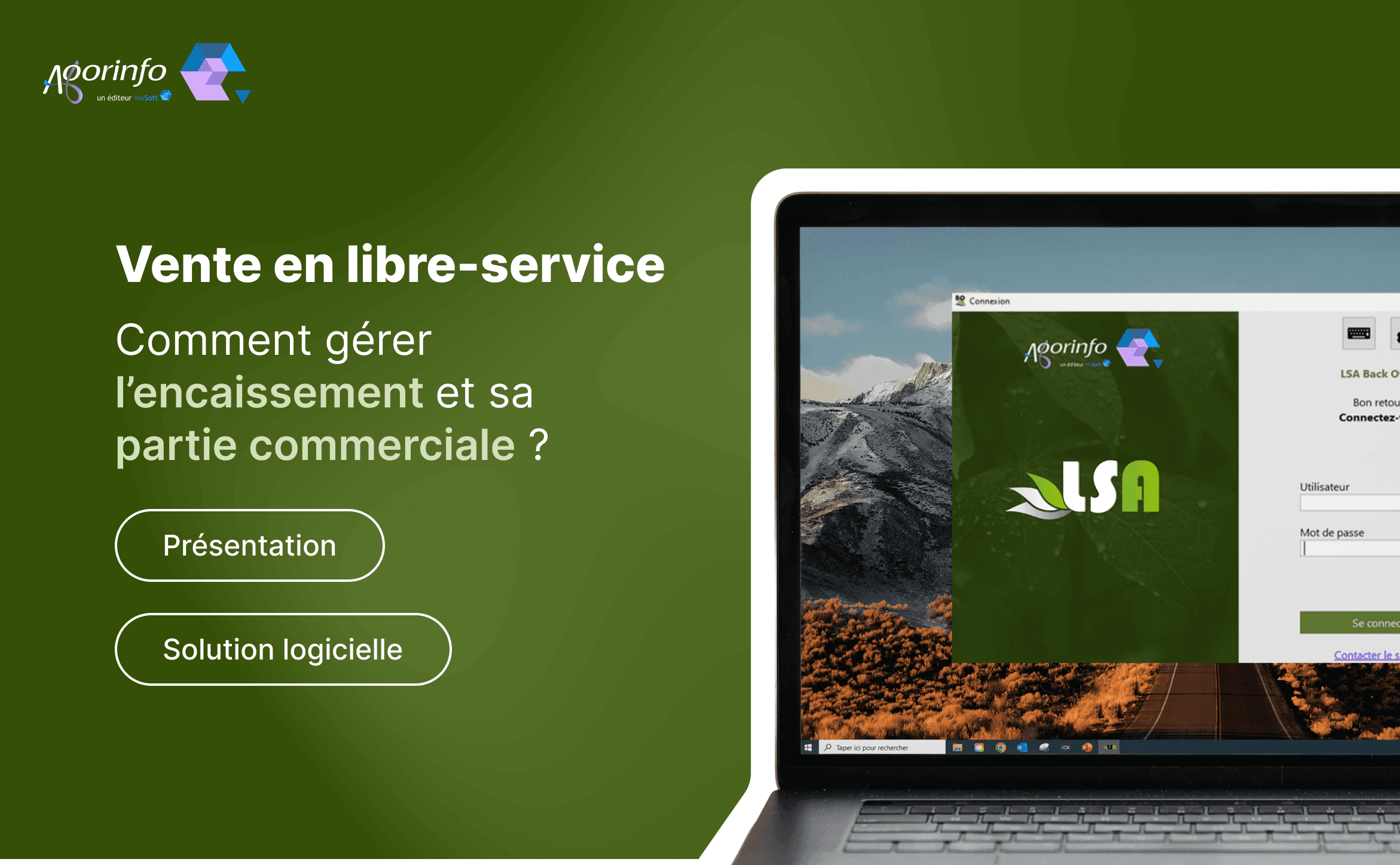 Miniature de la vidéo sur la présentation du logiciel LSA. On y voit un écran d'ordinateur portable sur la droite avec le logiciel LSA d'ouvert sur l'écran de connexion. Et sur la gauche, il y a noté "Vente en libre-service, comment gérer l'encaissement e