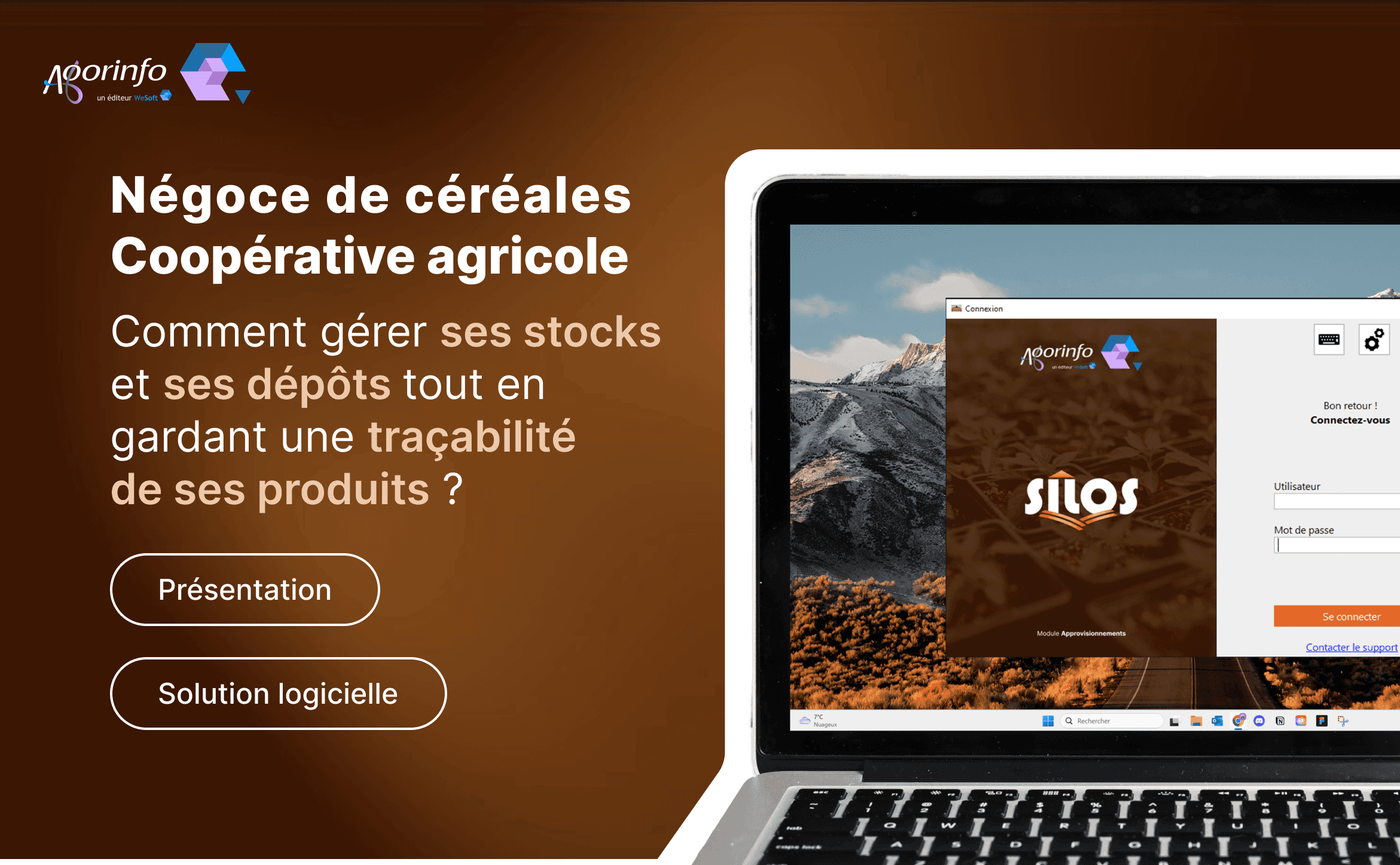 Miniature de la vidéo sur la présentation du logiciel SILOS. On y voit un écran d'ordinateur portable sur la droite avec le logiciel SILOS d'ouvert sur l'écran de connexion. Et sur la gauche, il y a noté "Négoce de céréales, coopérative agricole. Comment